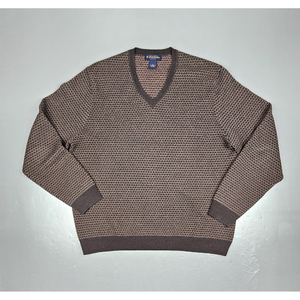 Brooks Brothers Lambswool‎ Sweater Mens XL Brown Red V-Neck Geographic Casual